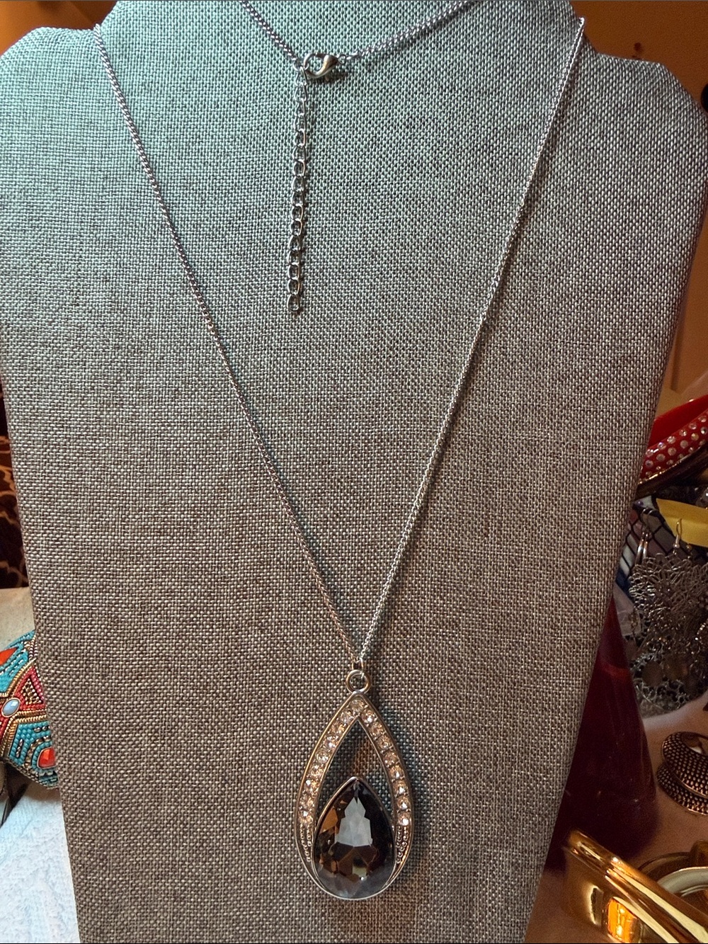 Silver Teardrop Necklace with resembling Smoky Crystal Pendant